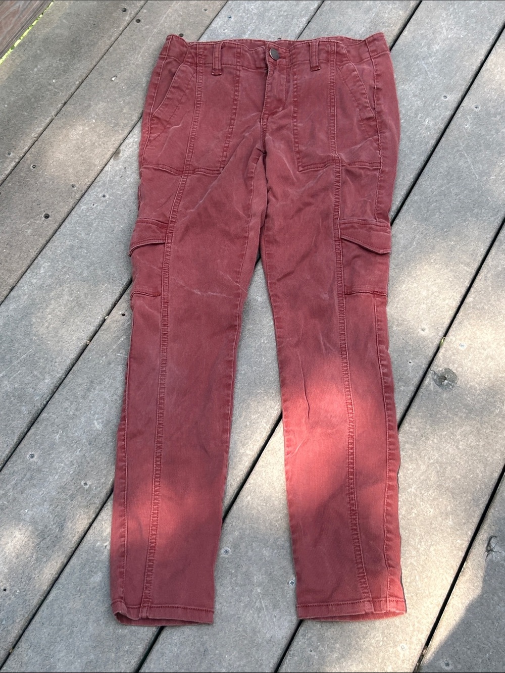 CAbi Women's Skinny Cargo Jeans in Deep Burgundy
